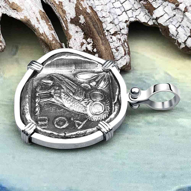 Ancient Greek Athena and the Owl Silver Tetradrachm circa 450 BC 14K White Gold Pendant