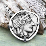 Ancient Greek Athena and the Owl Silver Tetradrachm circa 450 BC 14K White Gold Pendant