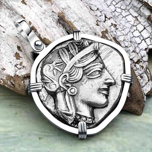 Ancient Greek Athena and the Owl Silver Tetradrachm circa 450 BC 14K White Gold Pendant
