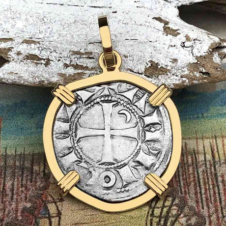 Templar Knights Era Antioch Crusader Medieval Silver Denier - Helmet Head - Coin of the Crusades 14K Gold Pendant