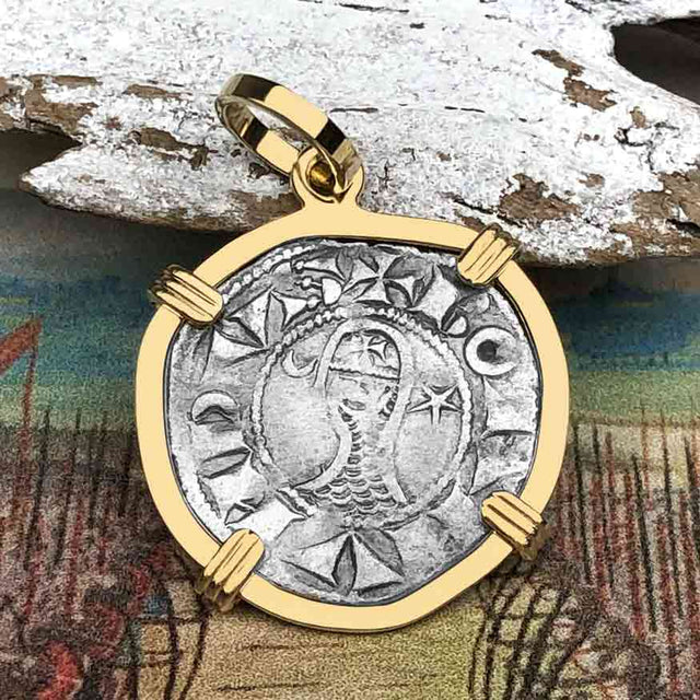Templar Knights Era Antioch Crusader Medieval Silver Denier - Helmet Head - Coin of the Crusades 14K Gold Pendant