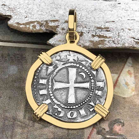 Templar Knights Era Antioch Crusader Medieval Silver Denier - Helmet Head - Coin of the Crusades 14K Gold Pendant
