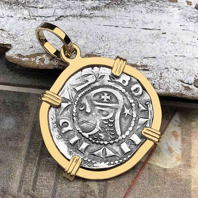Templar Knights Era Antioch Crusader Medieval Silver Denier - Helmet Head - Coin of the Crusades 14K Gold Pendant