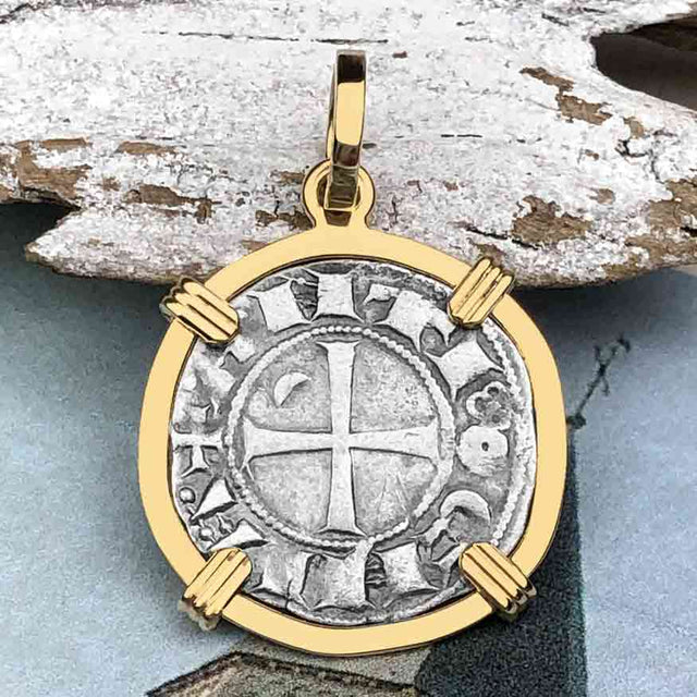 Templar Knights Era Antioch Crusader Medieval Silver Denier - Helmet Head - Coin of the Crusades 14K Gold Pendant