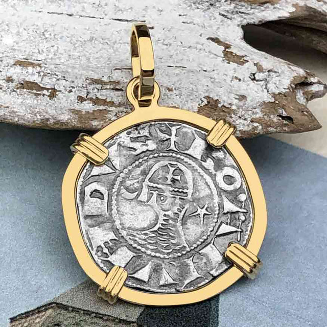 Templar Knights Era Antioch Crusader Medieval Silver Denier - Helmet Head - Coin of the Crusades 14K Gold Pendant