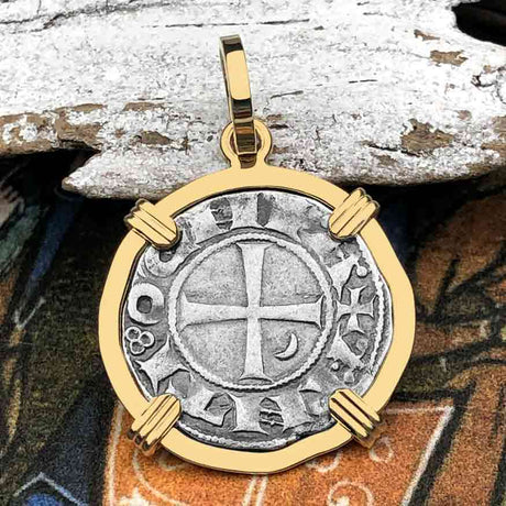 Templar Knights Era Antioch Crusader Medieval Silver Denier - Helmet Head - Coin of the Crusades 14K Gold Pendant