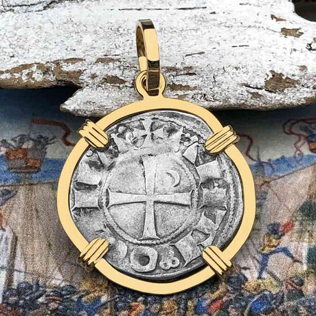 Templar Knights Era Antioch Crusader Medieval Silver Denier - Helmet Head - Coin of the Crusades 14K Gold Pendant