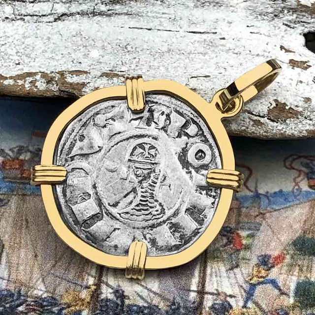Templar Knights Era Antioch Crusader Medieval Silver Denier - Helmet Head - Coin of the Crusades 14K Gold Pendant