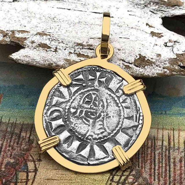Templar Knights Era Antioch Crusader Medieval Silver Denier - Helmet Head - Coin of the Crusades 14K Gold Pendant