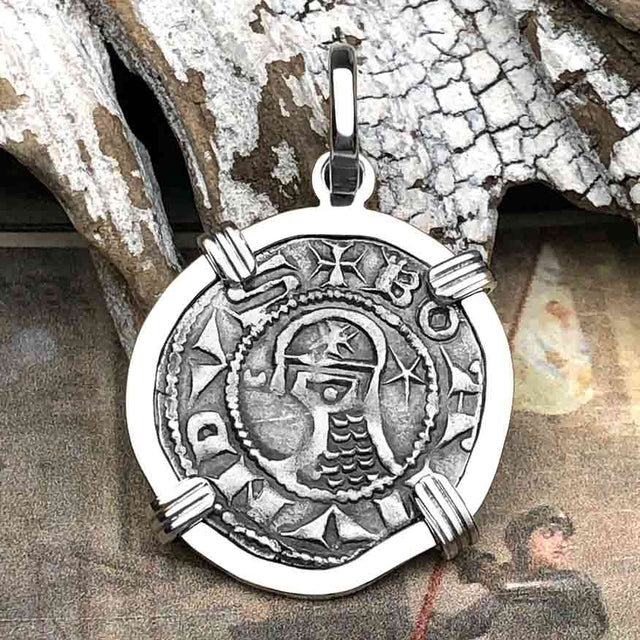 Templar Knights Era Antioch Crusader Medieval Silver Denier - Helmet Head - Coin of the Crusades 14K White Gold Pendant