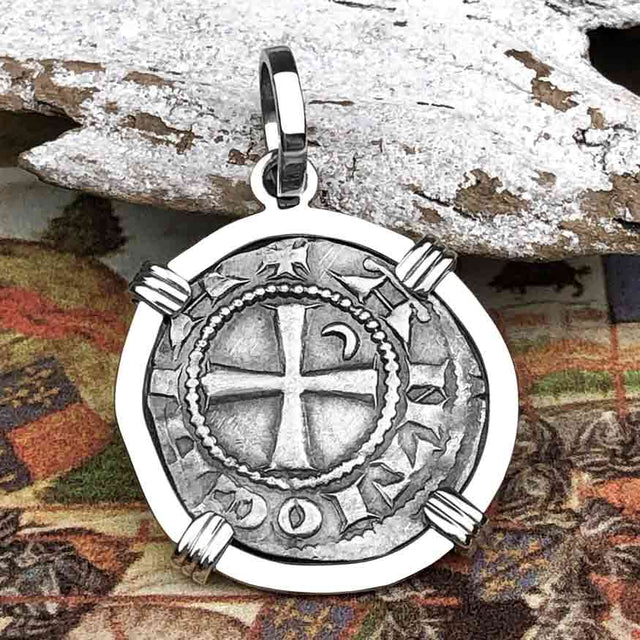 Templar Knights Era Antioch Crusader Medieval Silver Denier - Helmet Head - Coin of the Crusades 14K White Gold Pendant