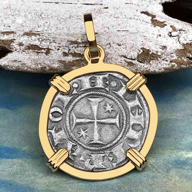 Sicilian Silver Denaro – the Templar-Era Cross and Stars of Medieval Italy 14K Gold Pendant
