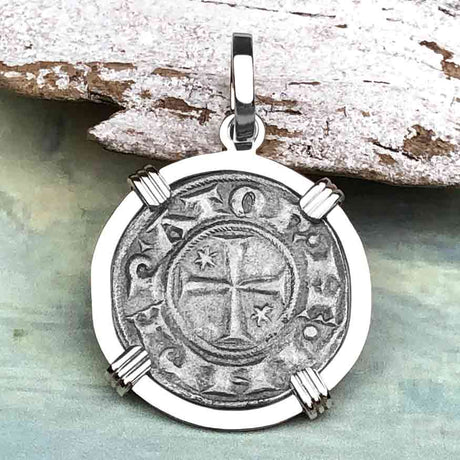 Sicilian Silver Denaro – the Templar-Era Cross and Stars of Medieval Italy 14K White Gold Pendant