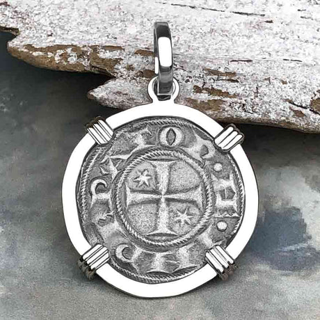 Sicilian Silver Denaro – the Templar-Era Cross and Stars of Medieval Italy 14K White Gold Pendant