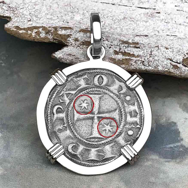Sicilian Silver Denaro – the Templar-Era Cross and Stars of Medieval Italy 14K White Gold Pendant