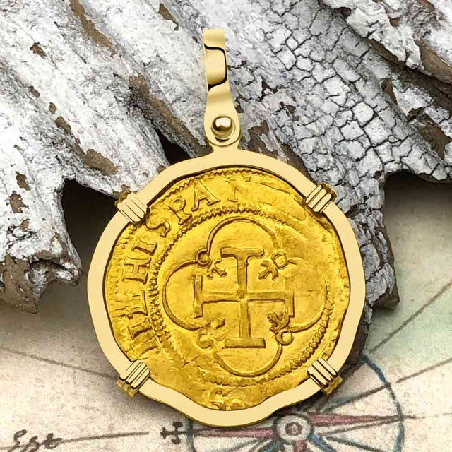 Pirate Era 1560 22K Gold One Escudo - the Legendary Doubloon - 18K Gold Pendant 