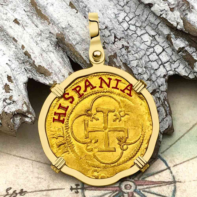 Pirate Era 1560 22K Gold One Escudo - the Legendary Doubloon - 18K Gold Pendant 