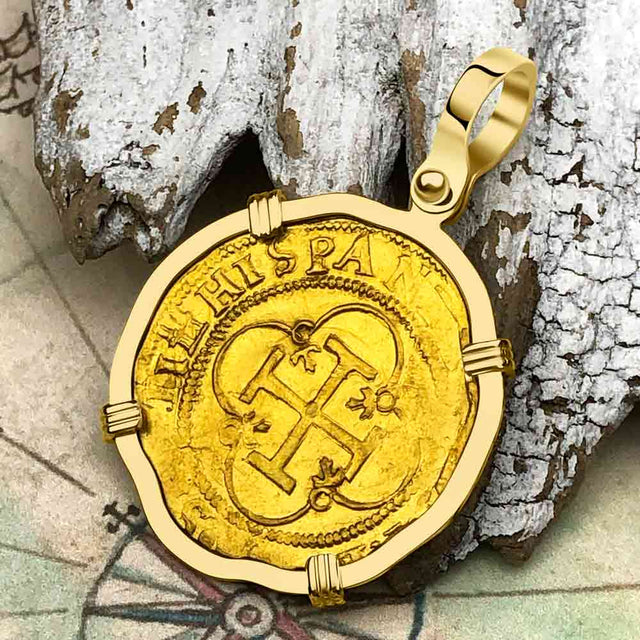 Pirate Era 1560 22K Gold One Escudo - the Legendary Doubloon - 18K Gold Pendant 