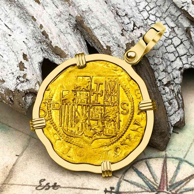 Pirate Era 1560 22K Gold One Escudo - the Legendary Doubloon - 18K Gold Pendant 