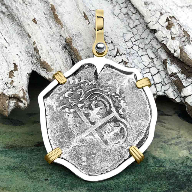 1663 Consolacion Shipwreck Pirate Era Spanish 2 Reale Piece of Eight 14K Gold & Sterling Silver Pendant | Artifact #4541