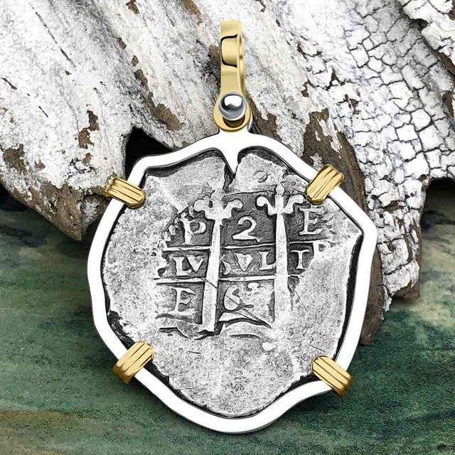 1663 Consolacion Shipwreck Pirate Era Spanish 2 Reale Piece of Eight 14K Gold & Sterling Silver Pendant | Artifact #4541