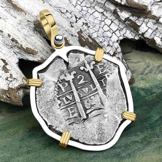 1663 Consolacion Shipwreck Pirate Era Spanish 2 Reale Piece of Eight 14K Gold & Sterling Silver Pendant | Artifact #4541
