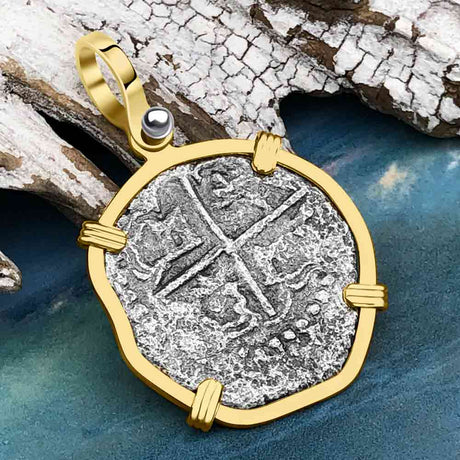 Concepcion Shipwreck 2 Reale Silver Piece of 8 14K Gold Pendant