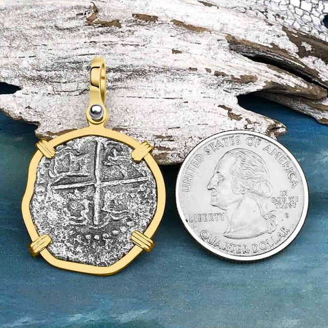 Concepcion Shipwreck 2 Reale Silver Piece of 8 14K Gold Pendant