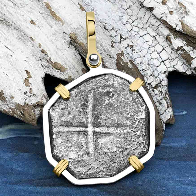 Sao Jose 4 Reale circa 1598-1621 Shipwreck Coin 14K Gold and Sterling Silver Pendant