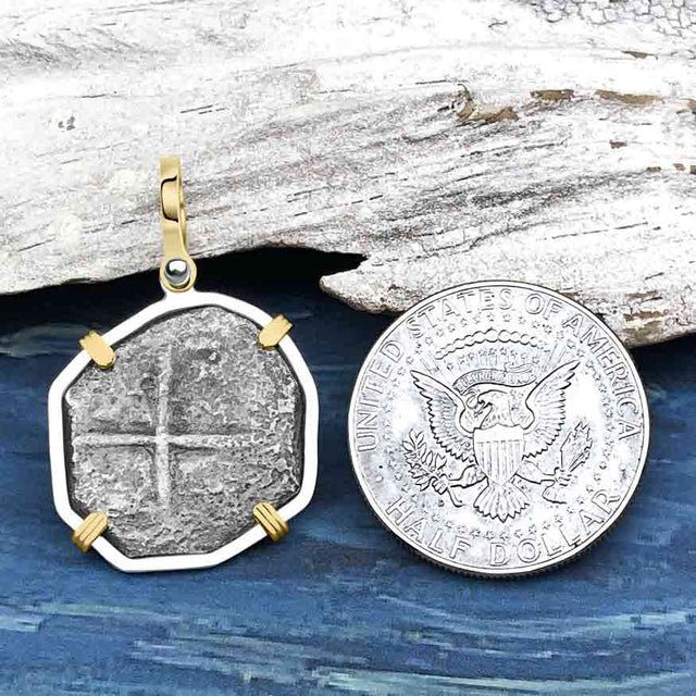 Sao Jose 4 Reale circa 1598-1621 Shipwreck Coin 14K Gold and Sterling Silver Pendant