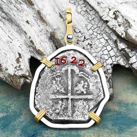 Sao Jose 4 Reale RARE DATED 1622 Shipwreck Coin 14K Gold and Sterling Silver Pendant