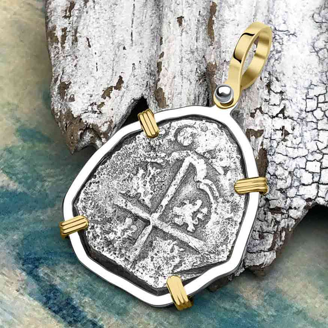 Sao Jose 4 Reale RARE DATED 1622 Shipwreck Coin 14K Gold and Sterling Silver Pendant