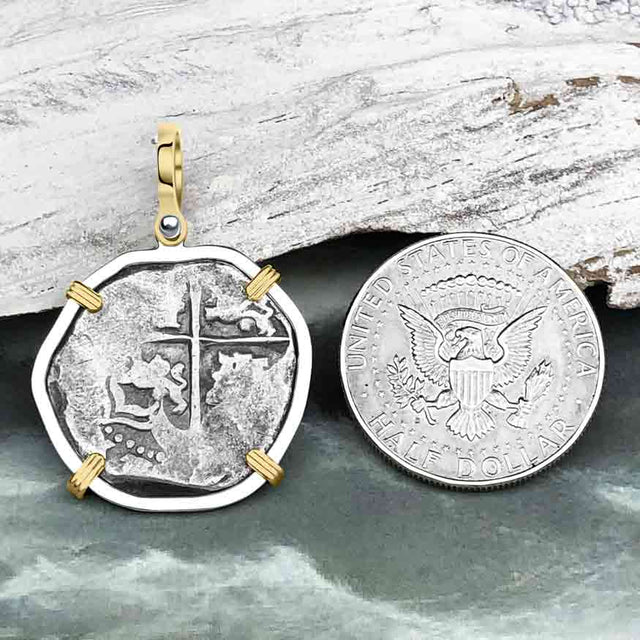 Sao Jose 4 Reale circa 1598-1621 Shipwreck Coin 14K Gold and Sterling Silver Pendant