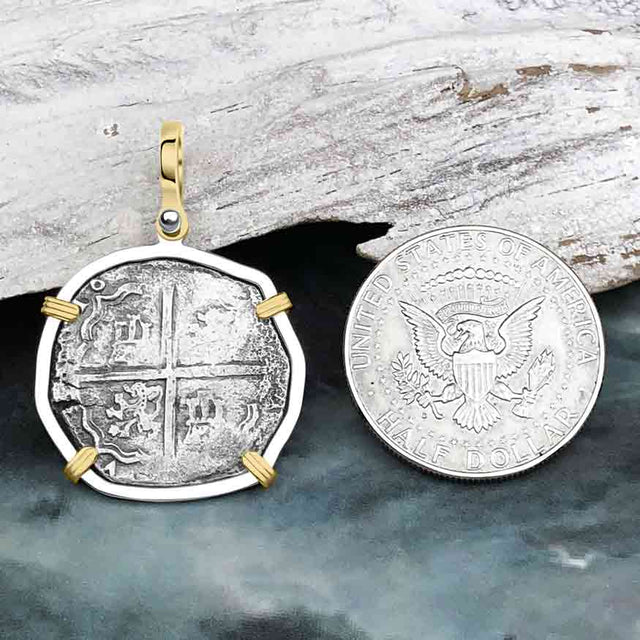 Sao Jose 4 Reale RARE DATED 1620s Shipwreck Coin 14K Gold and Sterling Silver Pendant
