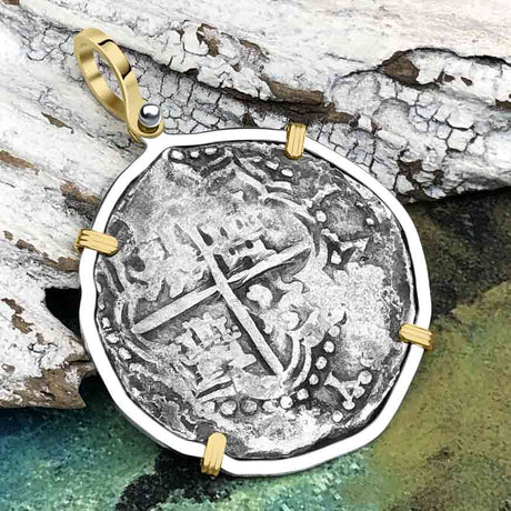 Sao Jose 8 Reale Circa 1610 Pirate Era Shipwreck Coin 14K Gold & Sterling Silver Pendant
