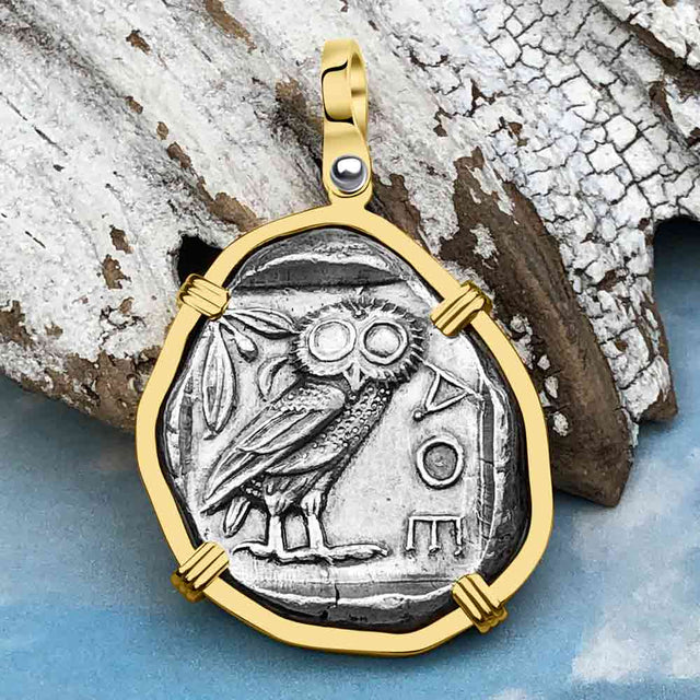Ancient Greek Athena and the Owl Silver Tetradrachm circa 450 BC RARE Zero-Die 14K Gold Pendant