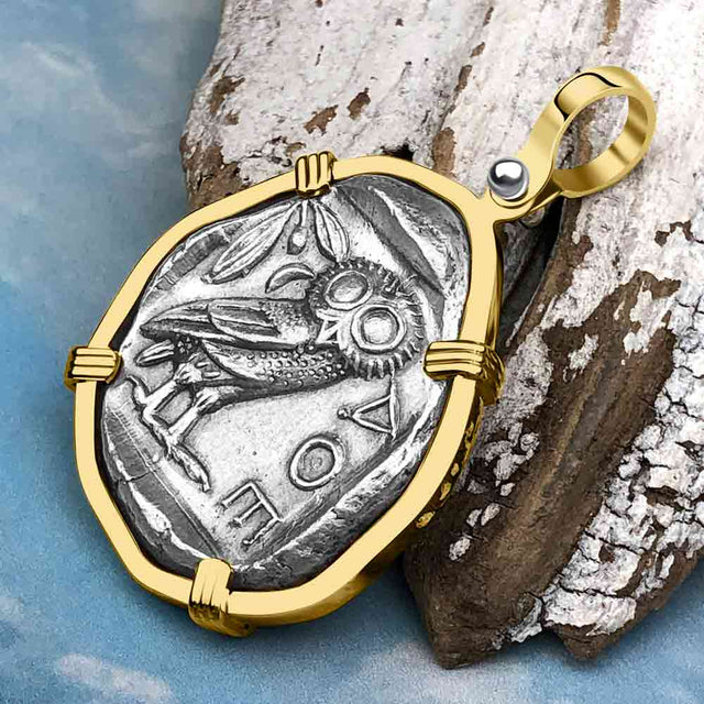 Ancient Greek Athena and the Owl Silver Tetradrachm circa 450 BC RARE Zero-Die 14K Gold Pendant