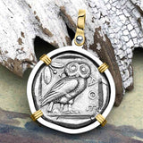 Ancient Greek Athena and the Owl Silver Tetradrachm circa 450 BC 14K Gold and Sterling Silver Pendant