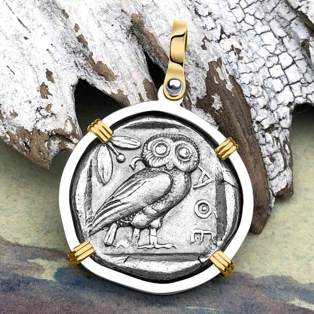 Ancient Greek Athena and the Owl Silver Tetradrachm circa 450 BC 14K Gold and Sterling Silver Pendant