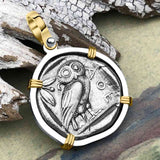Ancient Greek Athena and the Owl Silver Tetradrachm circa 450 BC 14K Gold and Sterling Silver Pendant
