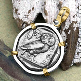 Ancient Greek Athena and the Owl Silver Tetradrachm circa 450 BC 14K Gold and Sterling Silver Pendant