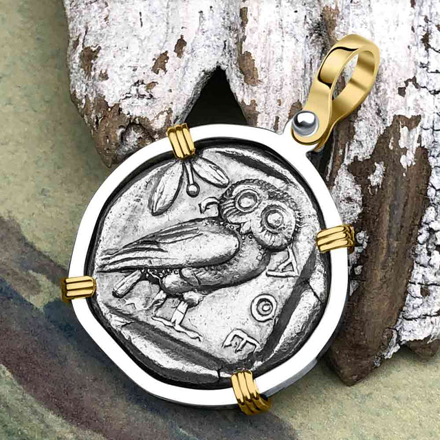 Ancient Greek Athena and the Owl Silver Tetradrachm circa 450 BC 14K Gold and Sterling Silver Pendant