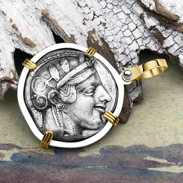 Ancient Greek Athena and the Owl Silver Tetradrachm circa 450 BC 14K Gold and Sterling Silver Pendant