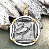 Ancient Greek Athena and the Owl Silver Tetradrachm circa 450 BC 14K Gold and Sterling Silver Pendant