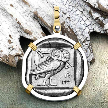 Ancient Greek Athena and the Owl Silver Tetradrachm circa 450 BC 14K Gold and Sterling Silver Pendant
