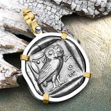 Ancient Greek Athena and the Owl Silver Tetradrachm circa 450 BC 14K Gold and Sterling Silver Pendant