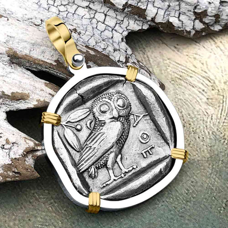 Ancient Greek Athena and the Owl Silver Tetradrachm circa 450 BC 14K Gold and Sterling Silver Pendant