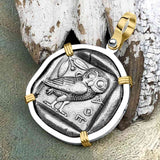 Ancient Greek Athena and the Owl Silver Tetradrachm circa 450 BC 14K Gold and Sterling Silver Pendant