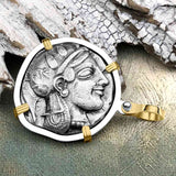 Ancient Greek Athena and the Owl Silver Tetradrachm circa 450 BC 14K Gold and Sterling Silver Pendant