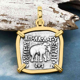 Ancient Indo-Greek Bactrian Elephant and Bull Silver Drachm Coin 170 BC 14K Gold Pendant